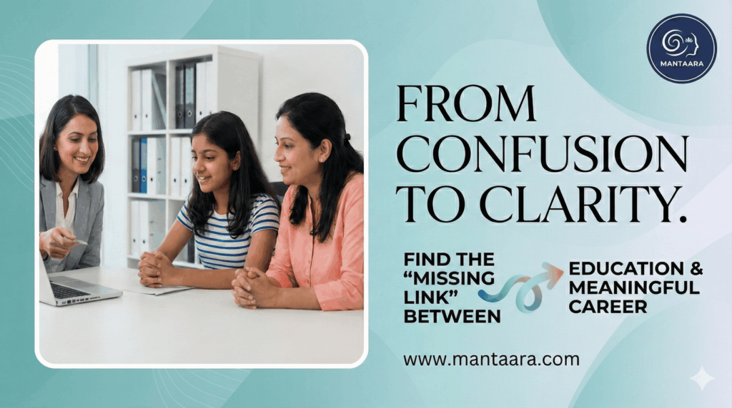 A professional career counselor guiding an Indian student and parent toward a meaningful career path at ManTaara.