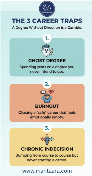 Vertical infographic showing the three career traps: Ghost Degree, Burnout, and Chronic Indecision for students.